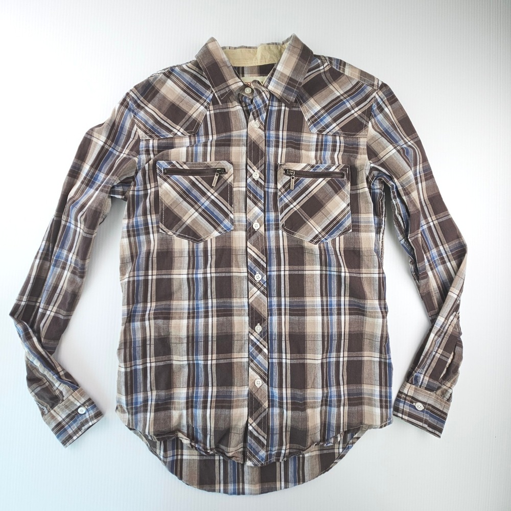 JNCO Crown Brand Mens Small Plaid Button Up Shirt Brown Blue Zipper Pockets Y2K